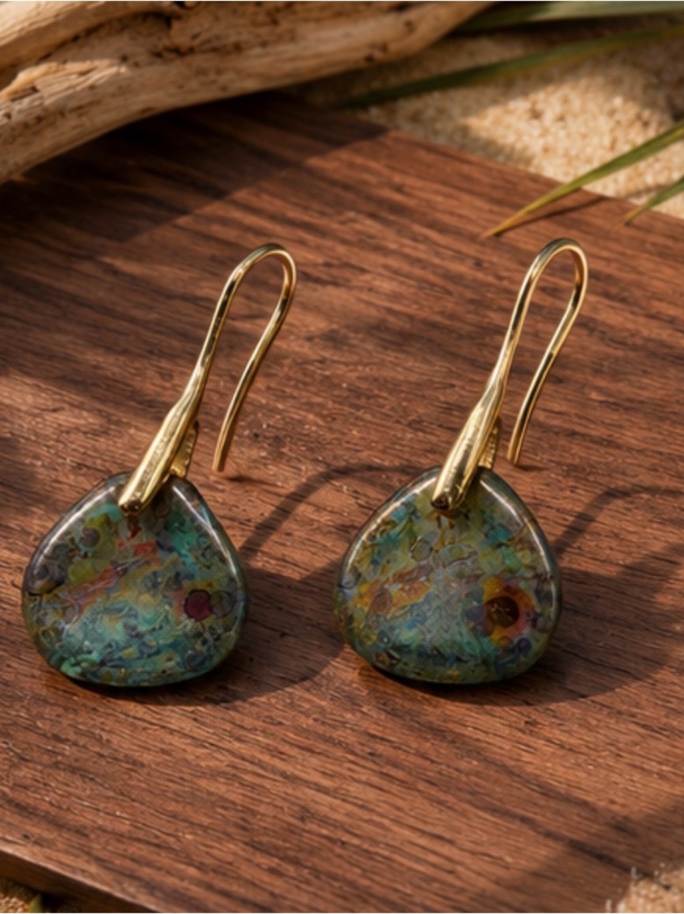 Gold Hook Green Multicolor Teardrop Earrings - Women Jewelry